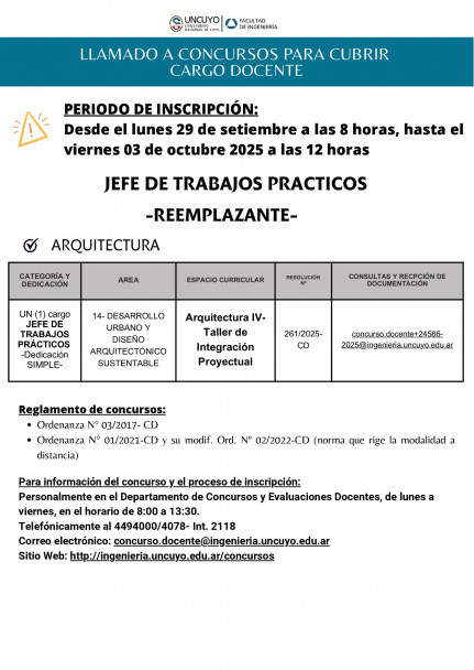 imagen Llamado a concursos docentes de la Facultad de Ingeniería