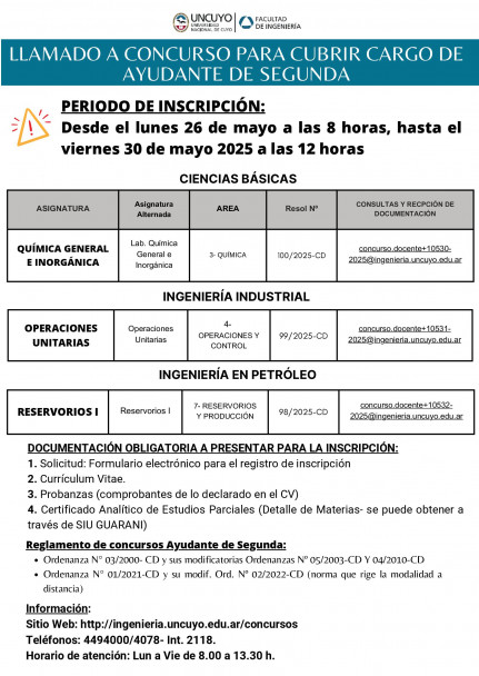 imagen Llamado a concursos de Ayudante de Segunda