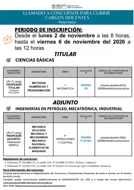 imagen Llamado a concursos docentes de la Facultad de Ingeniería