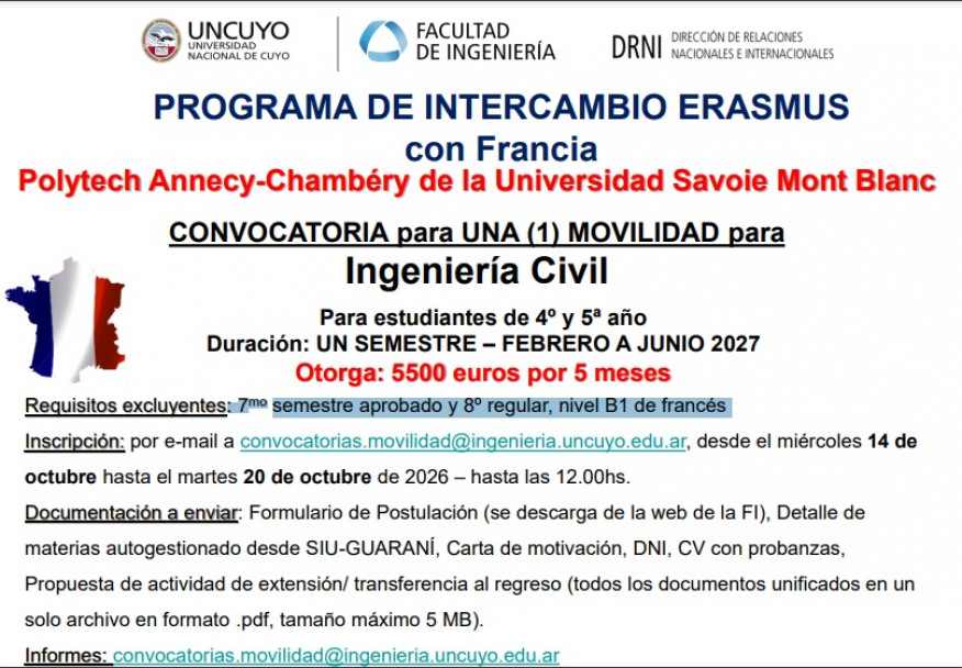 imagen Convocatoria de intercambio Erasmus con la Universidad Savoie Mont Blanc de Francia
